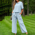 Women's Round Neck 3/4 Sleeve Top and Wide Leg Pant Set - Image 8