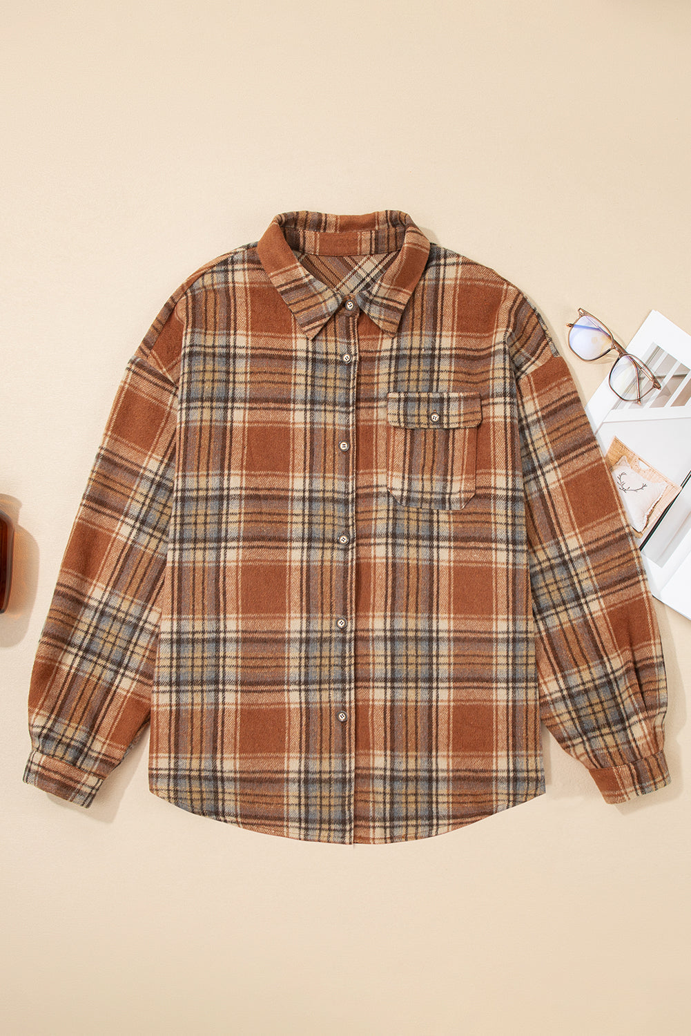 Plus Size Plaid Flap Pocket Button-Up Shacket