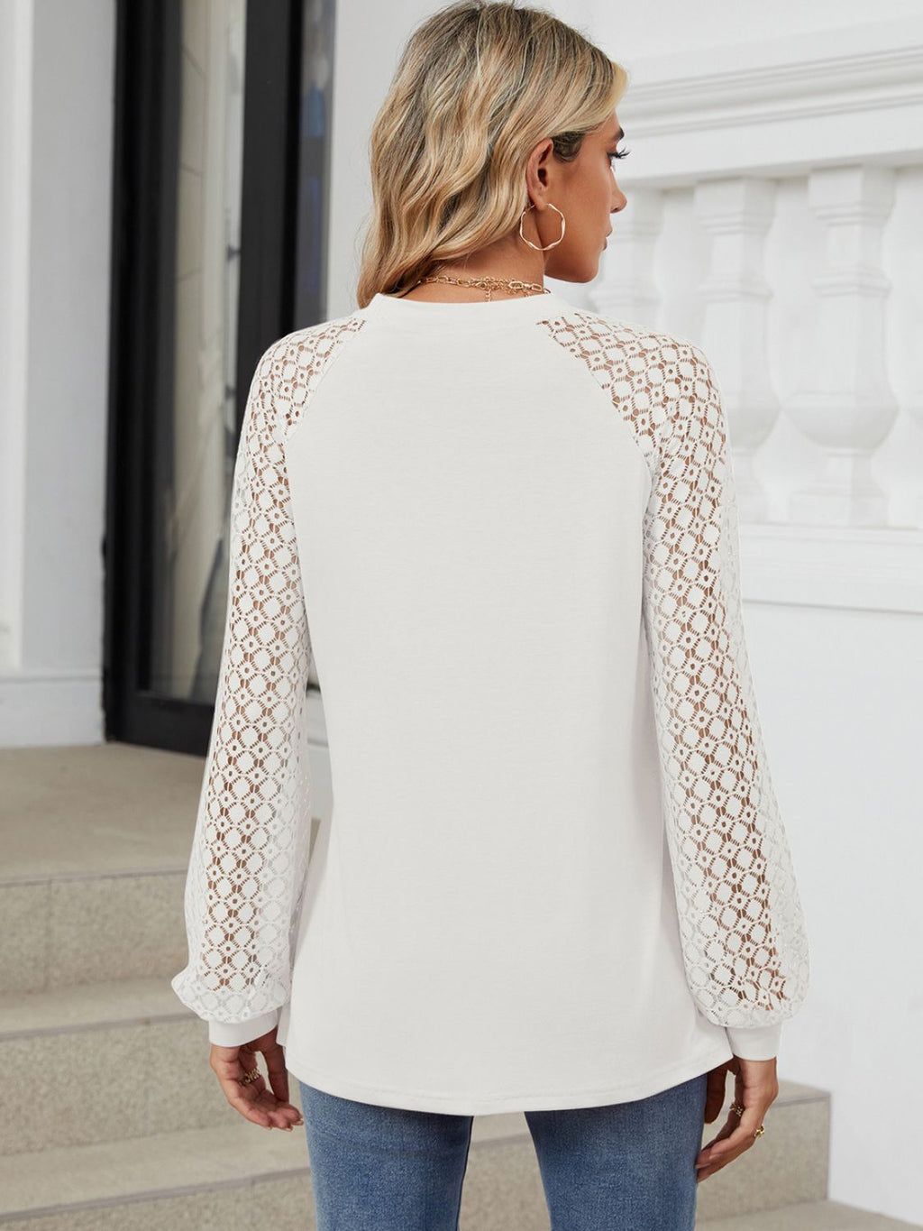 Women's White Round Neck Long Sleeve Lace Detail Casual Top - Image 2