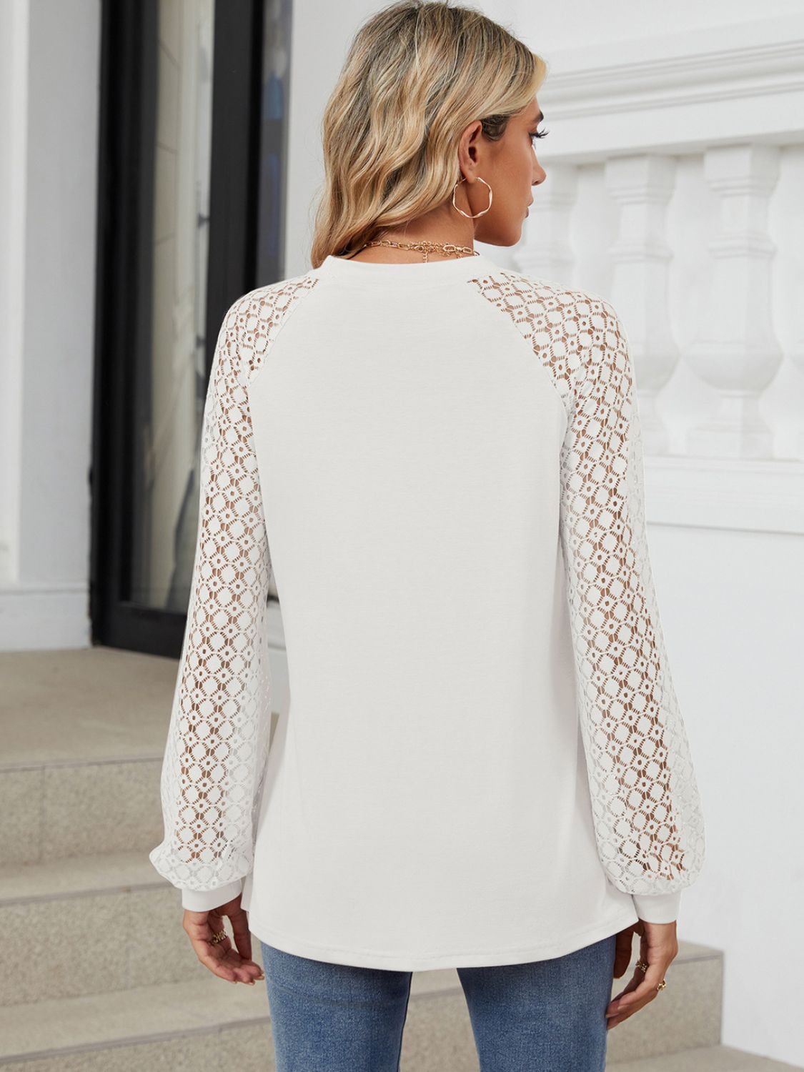 Women's White Round Neck Long Sleeve Lace Detail Casual Top - Image 2