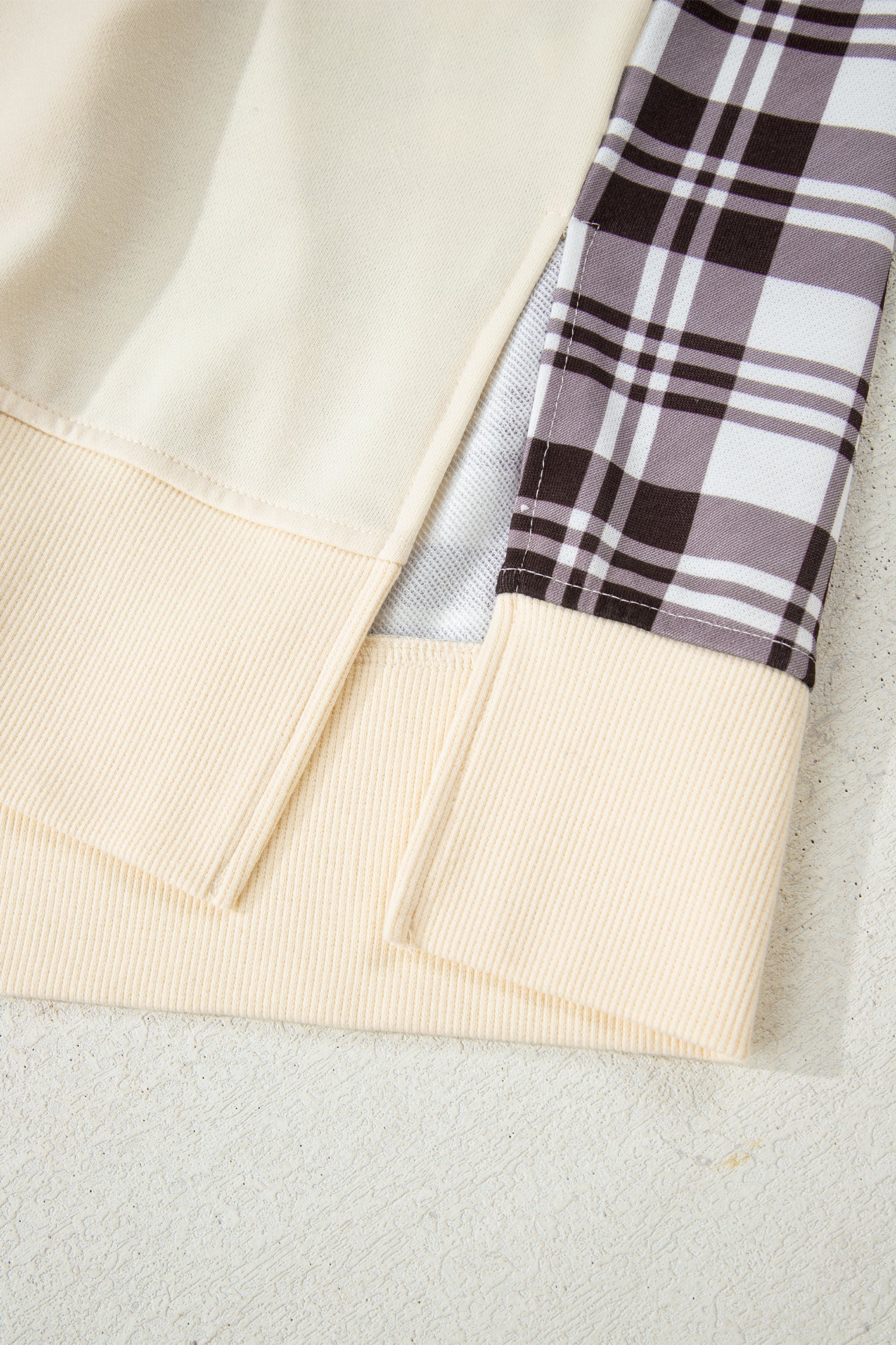 Beige Plaid Patchwork Side Slit Sweatshirt