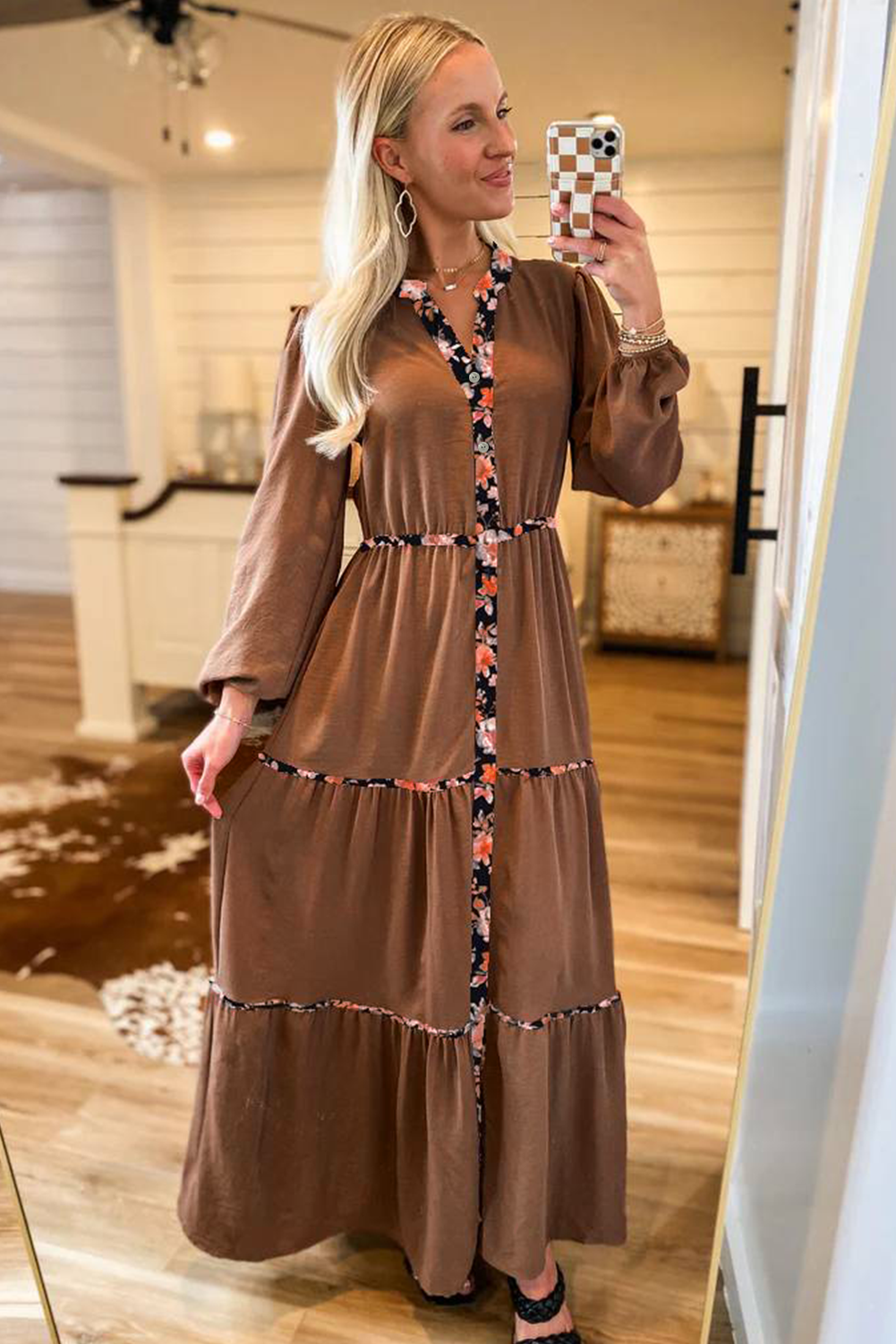 Chestnut Floral Patchwork Notched Neck Long Sleeve Maxi Dress
