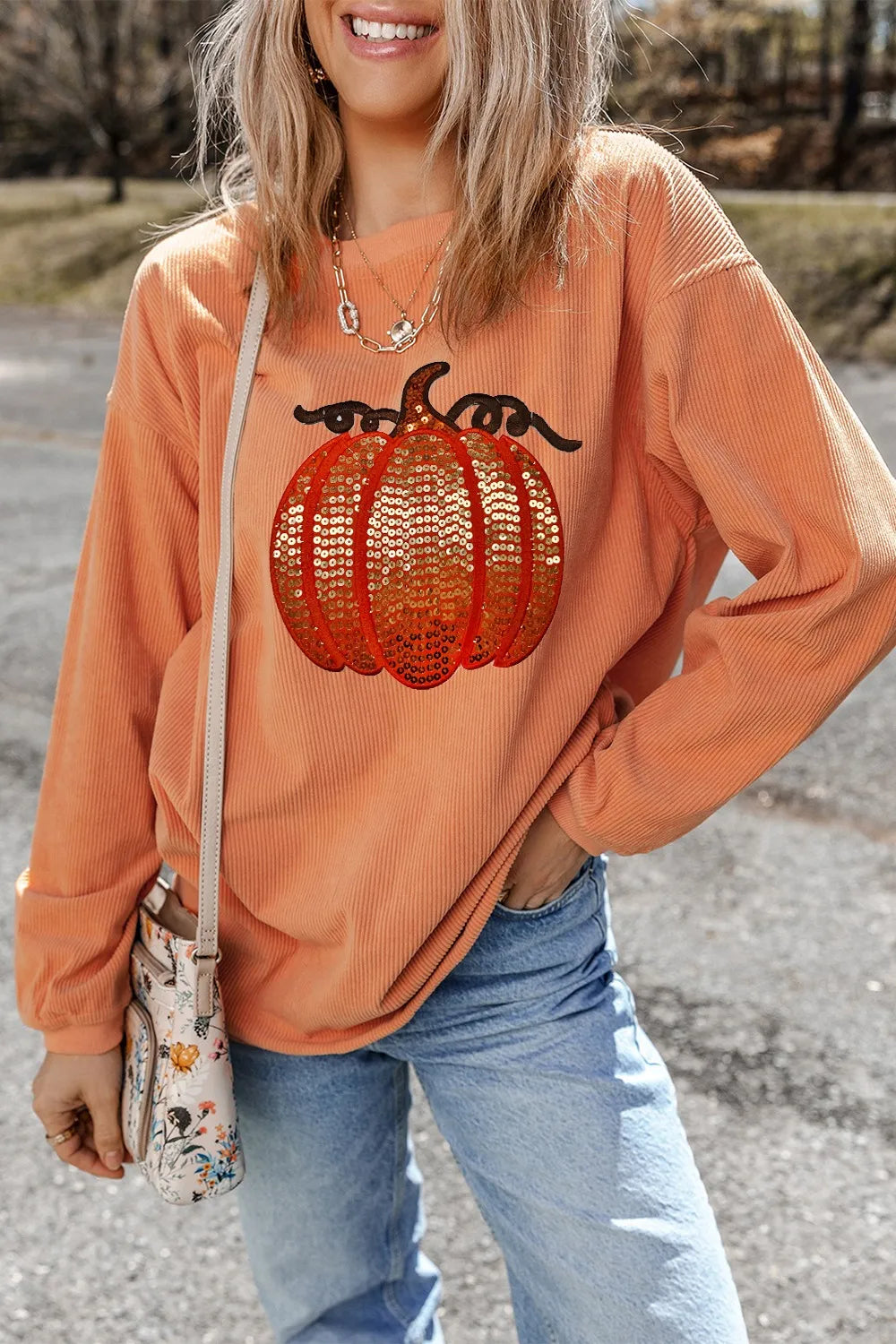 Women's Sequin Pumpkin Round Neck Long Sleeve Ribbed Sweatshirt