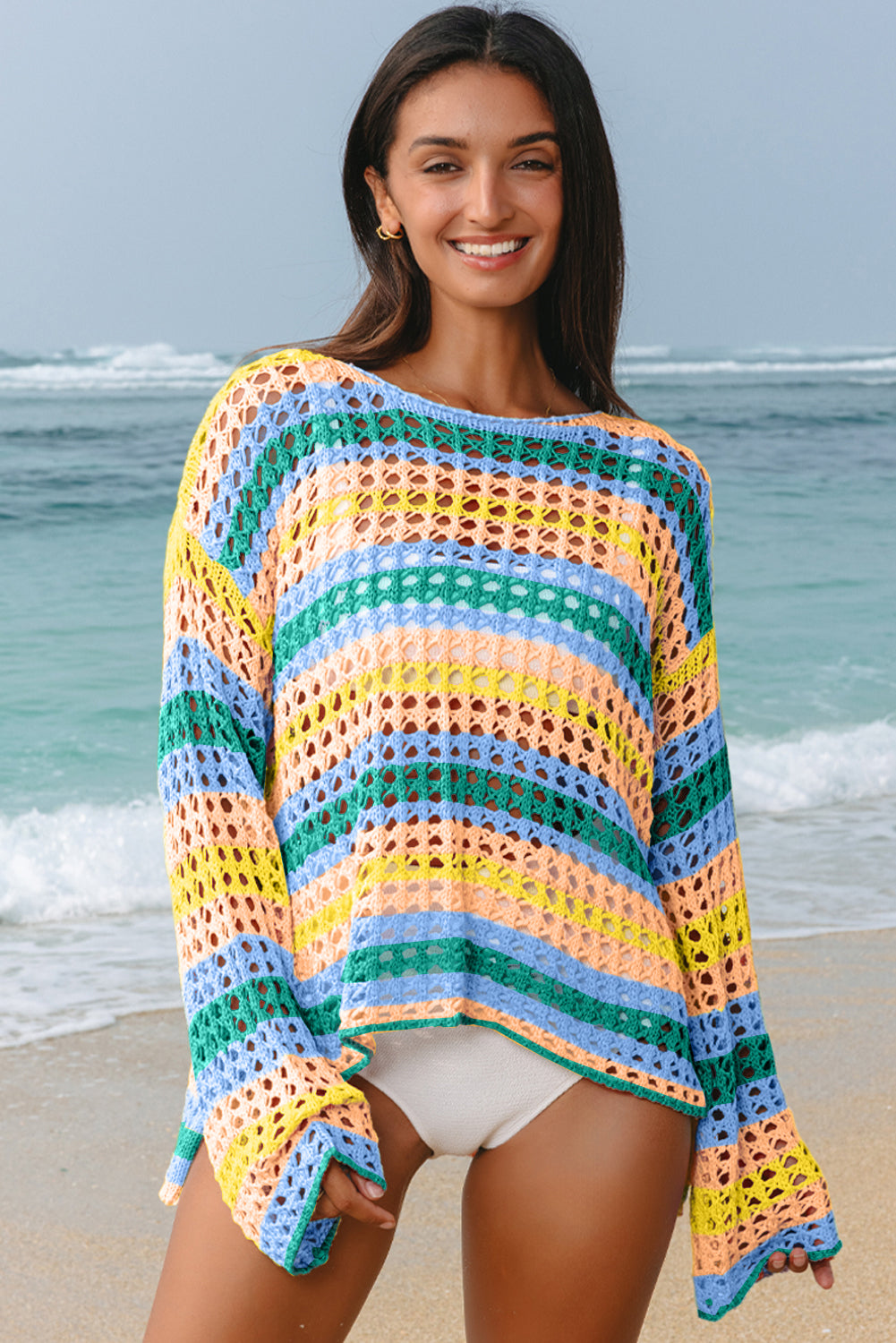 Beau Blue Multi Stripe Open Knit Beach Cover Up Sweater