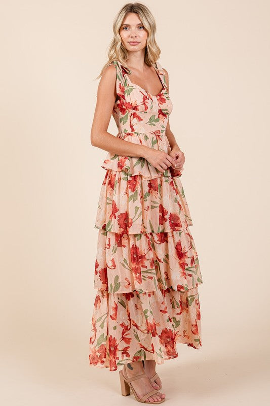 Layered Floral Sweetheart Neck Maxi Dress for Women