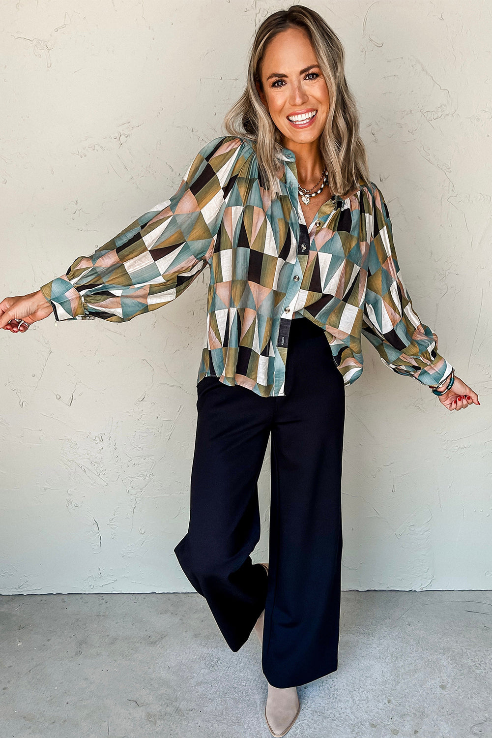 Green Geometric Print Balloon Sleeve Shirt | Loose Fit