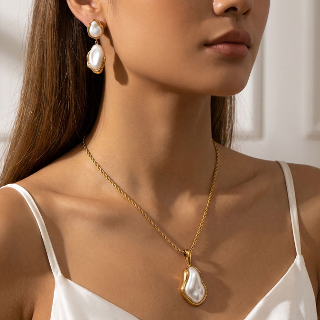 Women Irregular Faux Baroque Pearl 2Pcs Jewelry Set, Twisted Chain Necklace Double Drop Earrings PVD Gold Plated For Daily Wedding Gift