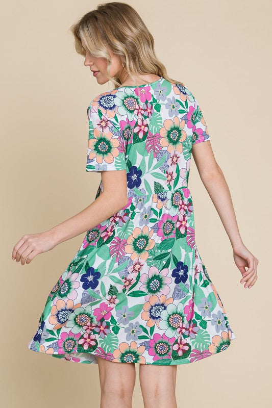 Floral V-Neck Ruched Short Sleeve Midi Dress