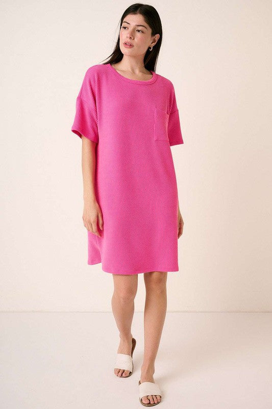 Hot Pink Rib Knit Short Sleeve Tee Dress