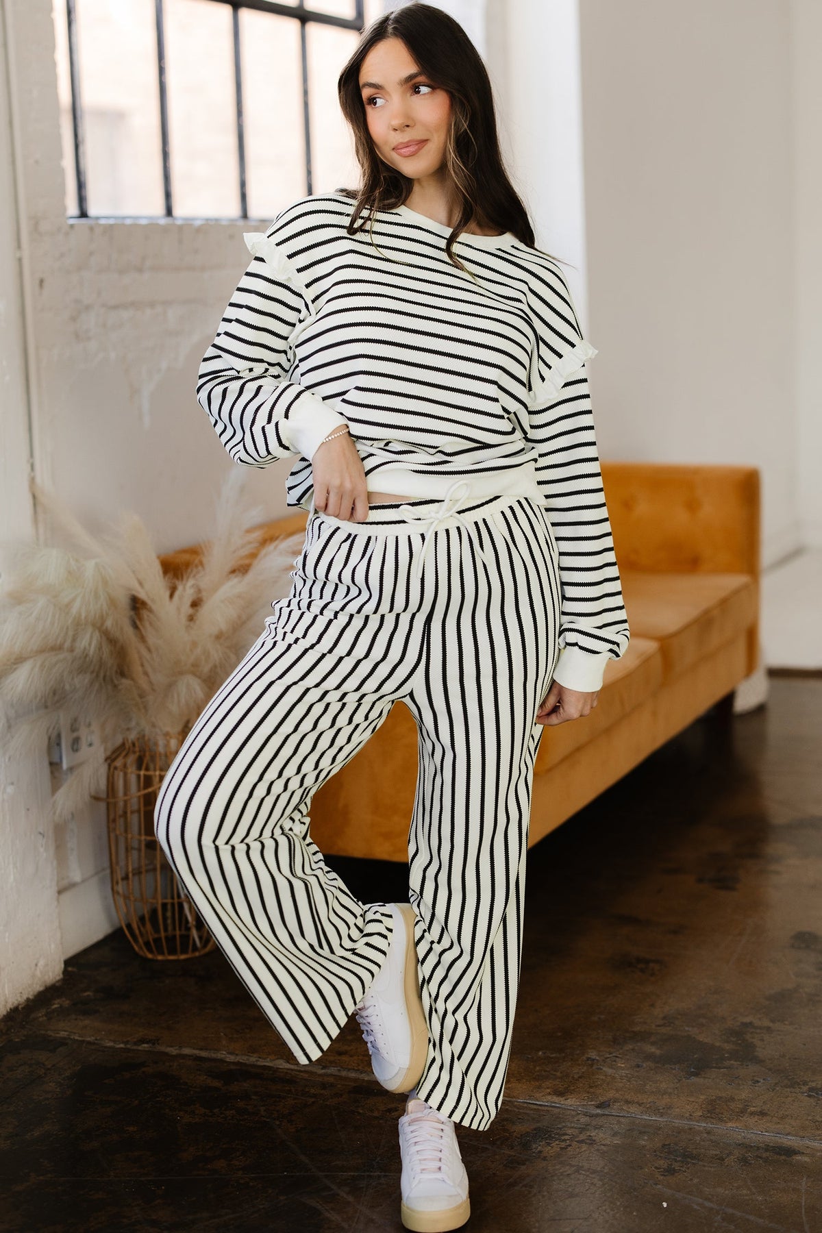Stripe Ruffle Drop Shoulder Top and Pants Set