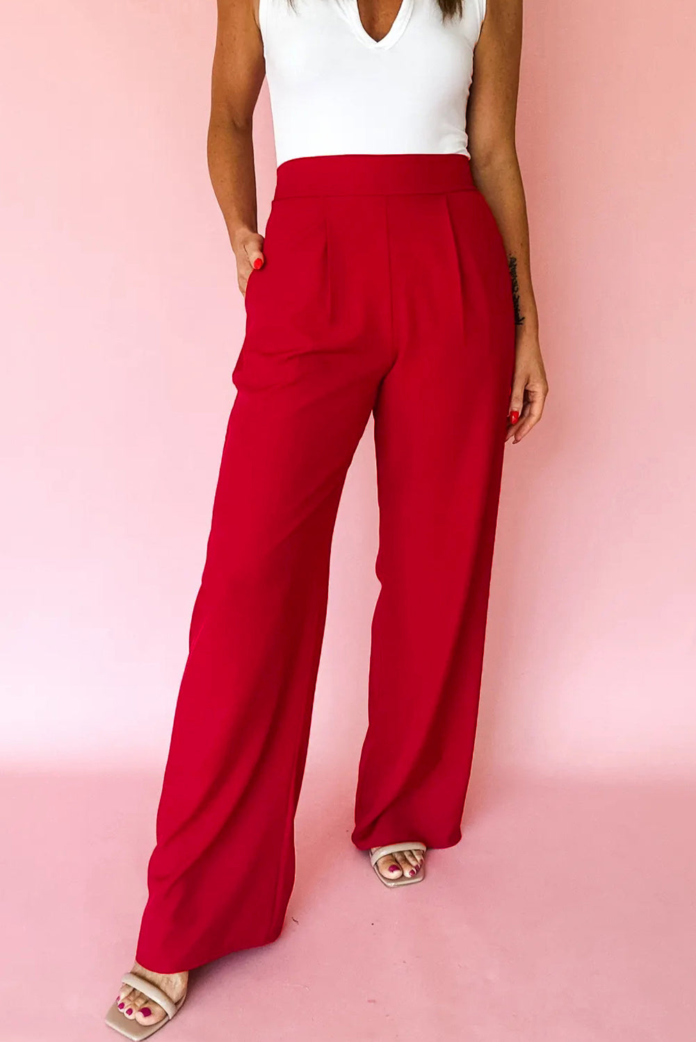 Fiery Red Pleated High Waist Pull On Loose Straight Pants