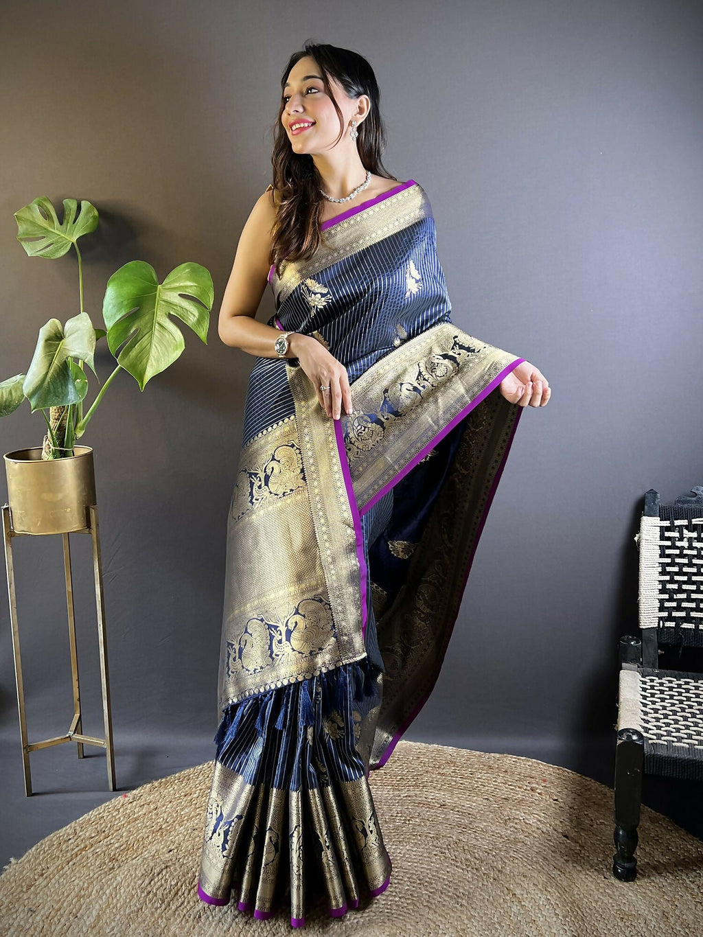 Navy Blue Striped Soft Silk Saree with Floral Motifs