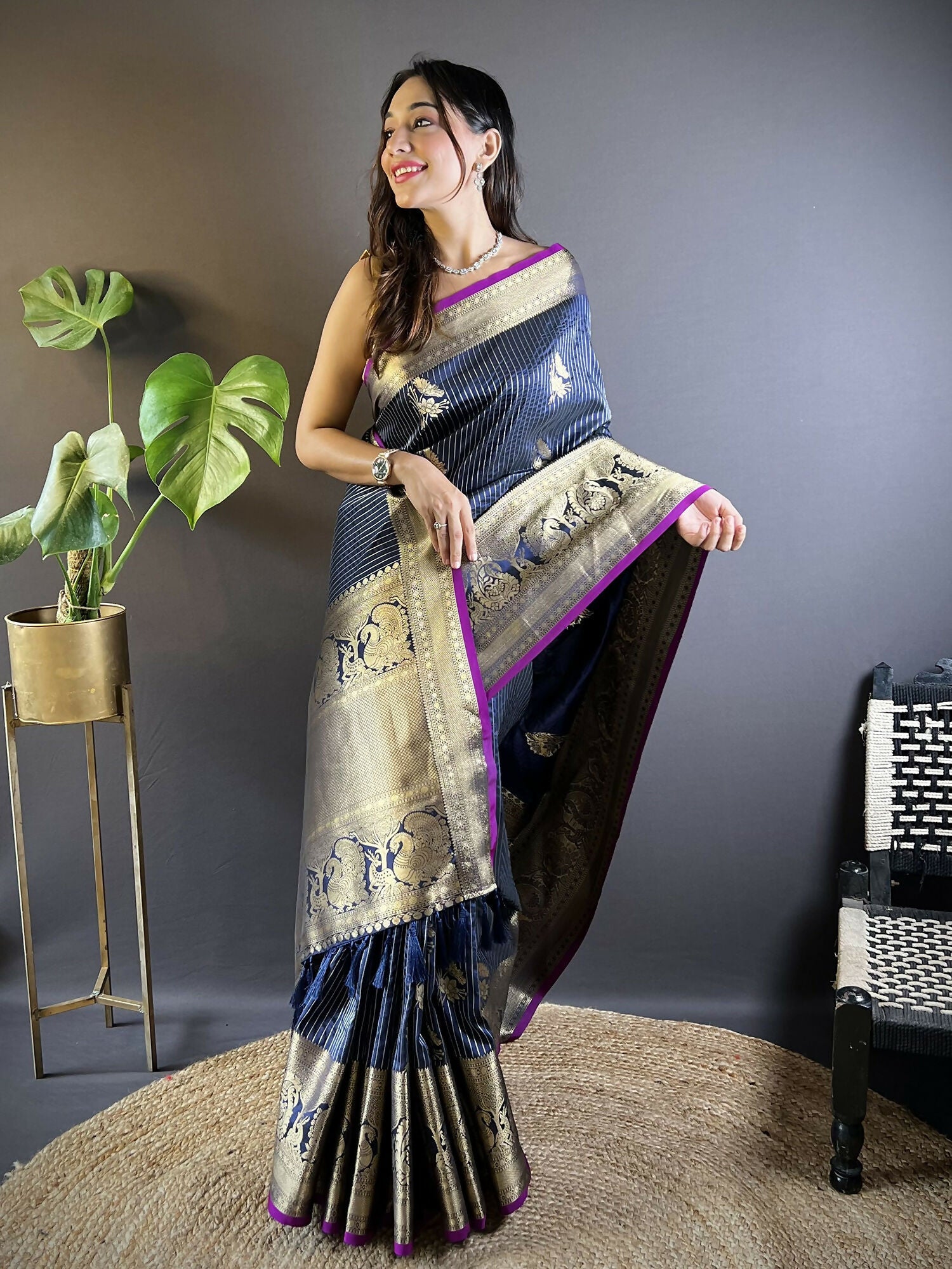 Navy Blue Striped Soft Silk Saree with Floral Motifs