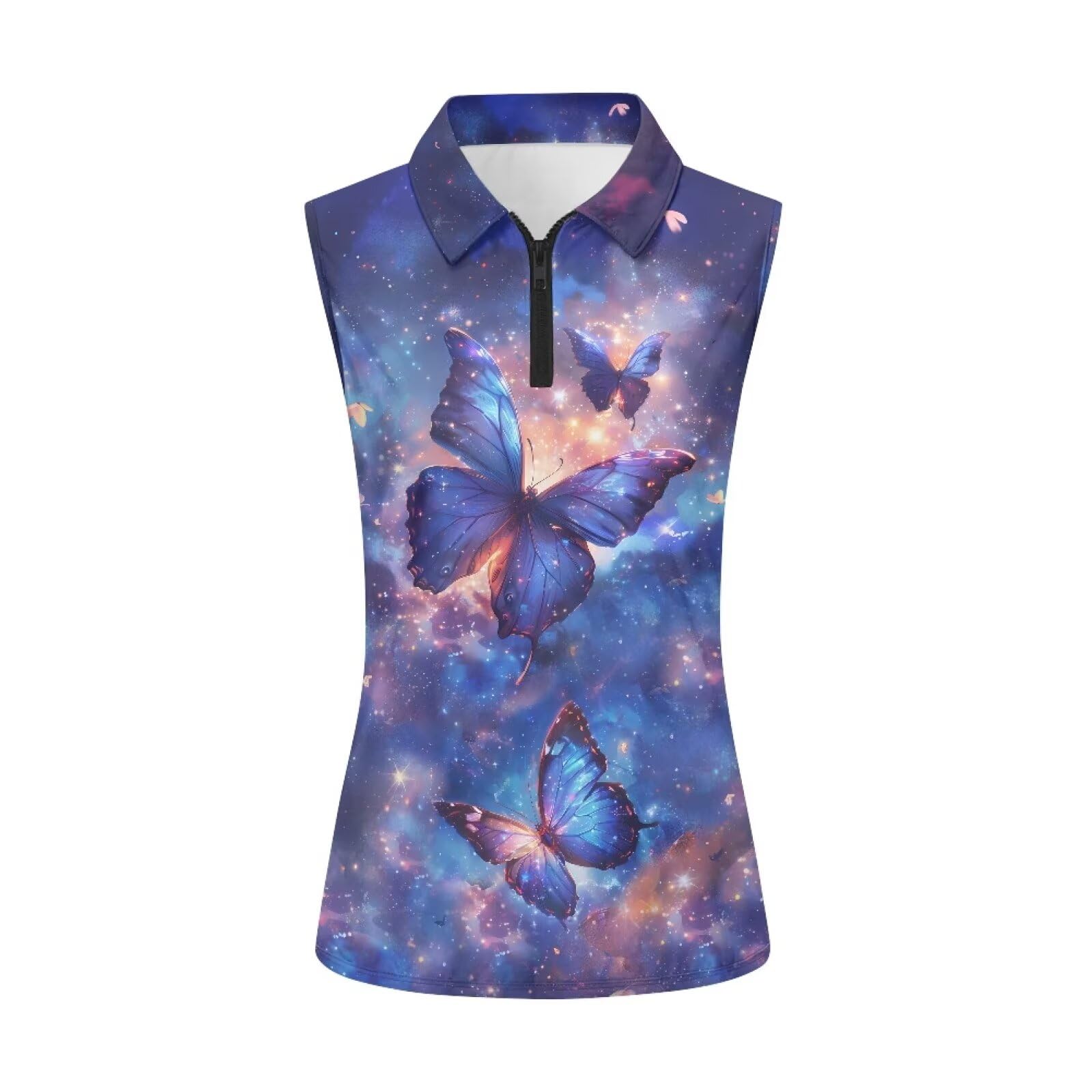 Spowatriy Galaxy Butterfly Womens Sleeveless Golf Shirts Lightweight Half Zipper Workout Summer Tank Tops Quick Dry