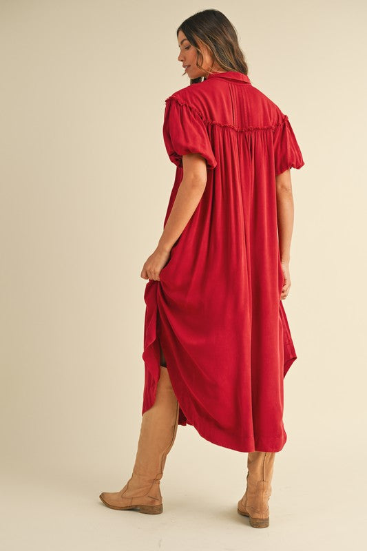 Red Mineral Washed Puff Sleeve Shirt Dress - Casual Cotton