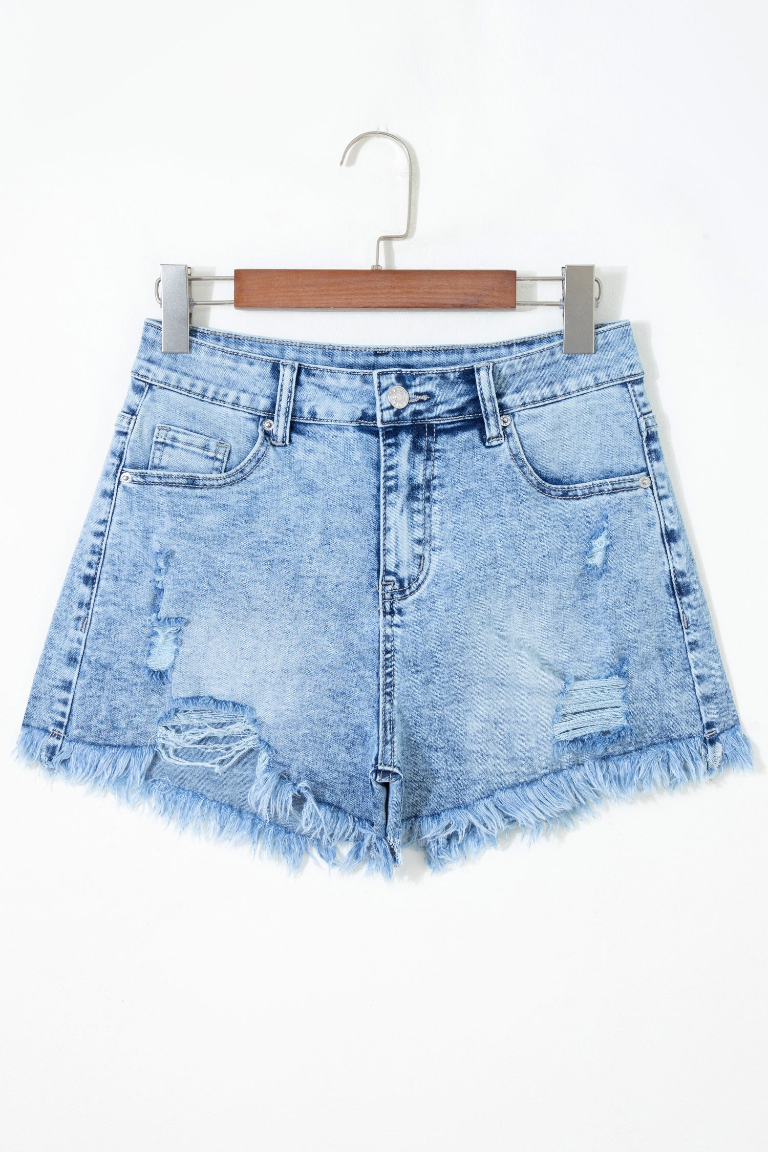 Distressed Acid Wash High Waist Denim Shorts in Light Blue