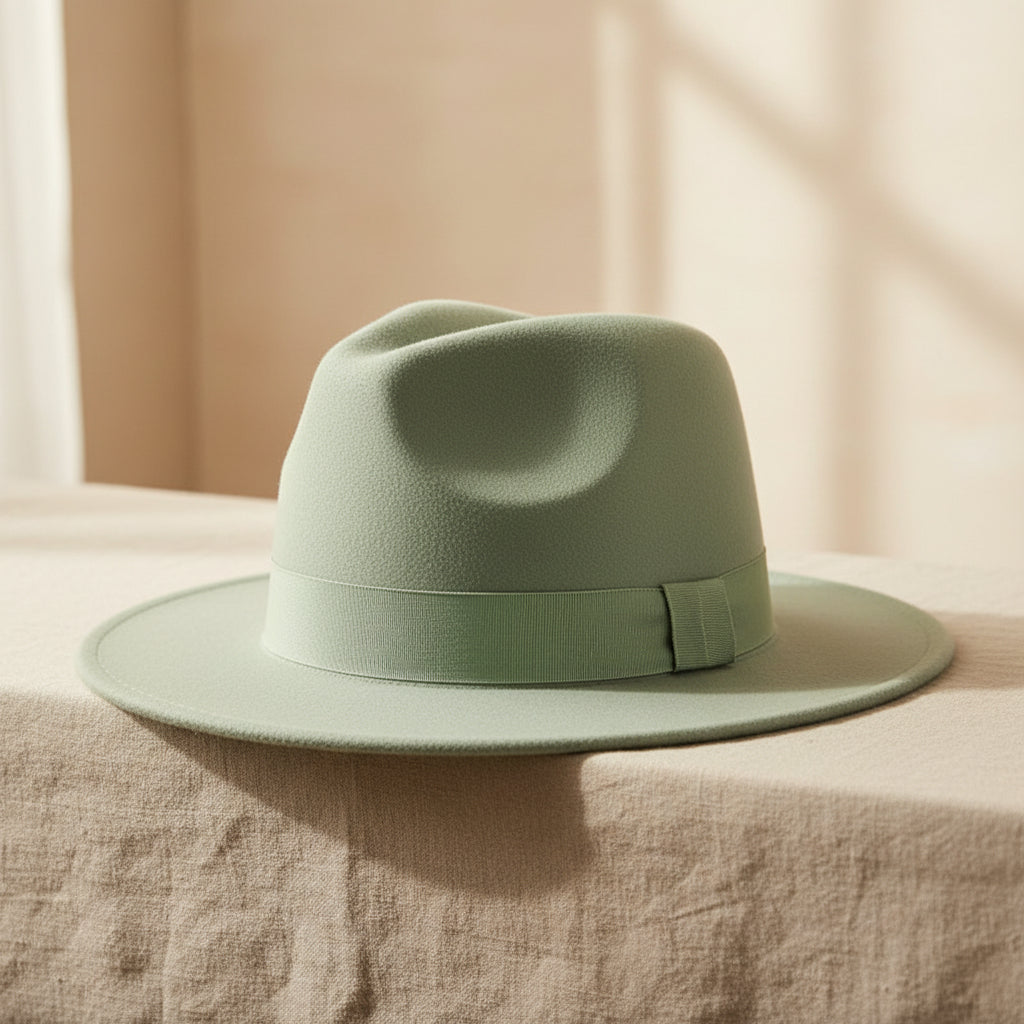 Unisex wide brim felt hat in vibrant green, featuring a classic bell crown design.