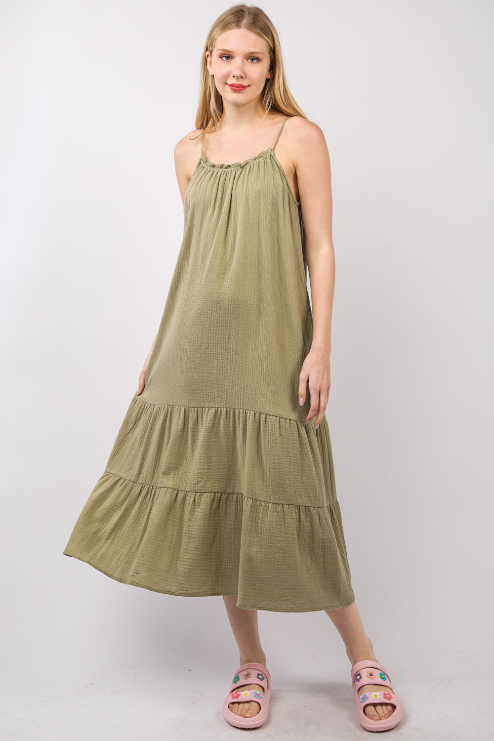 Olive green ruffled A-line midi cami dress made from breathable cotton