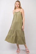 Olive green ruffled A-line midi cami dress made from breathable cotton