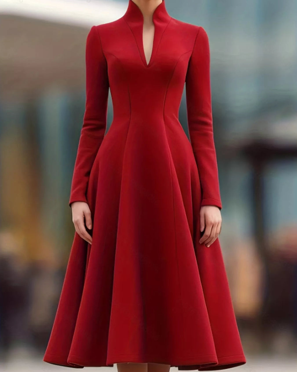 Red dress with long sleeves on a blurred background