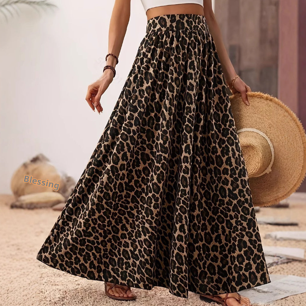 High waist leopard print midi skirt with A-line silhouette in brown and black