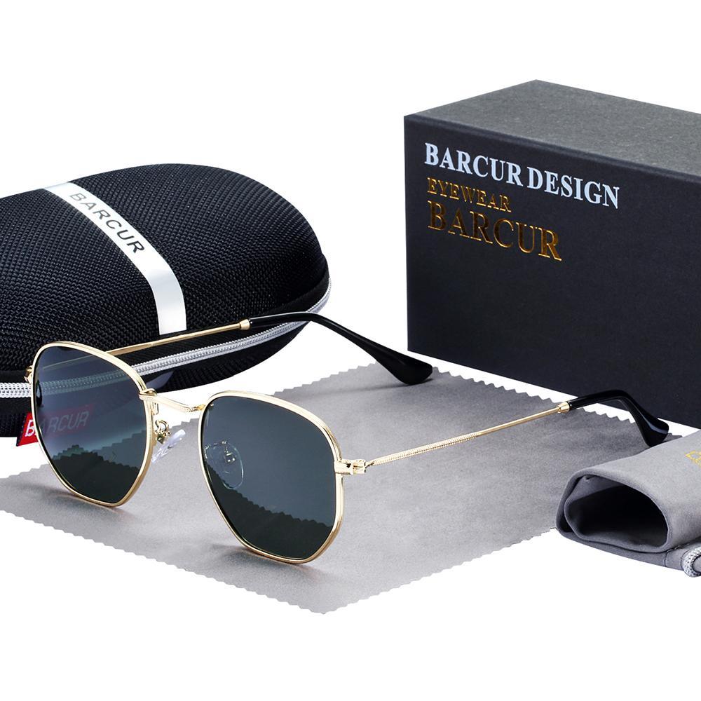 Retro hexagon-shaped sunglasses with metal frame and reflective polarized lenses