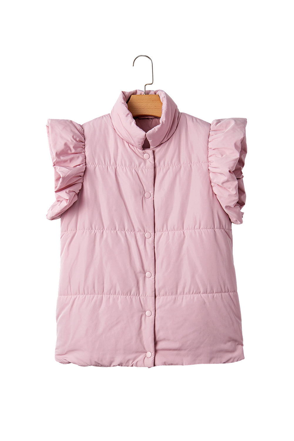 Women's Pink Solid Flutter Sleeve Puffer Vest with Snap Buttons