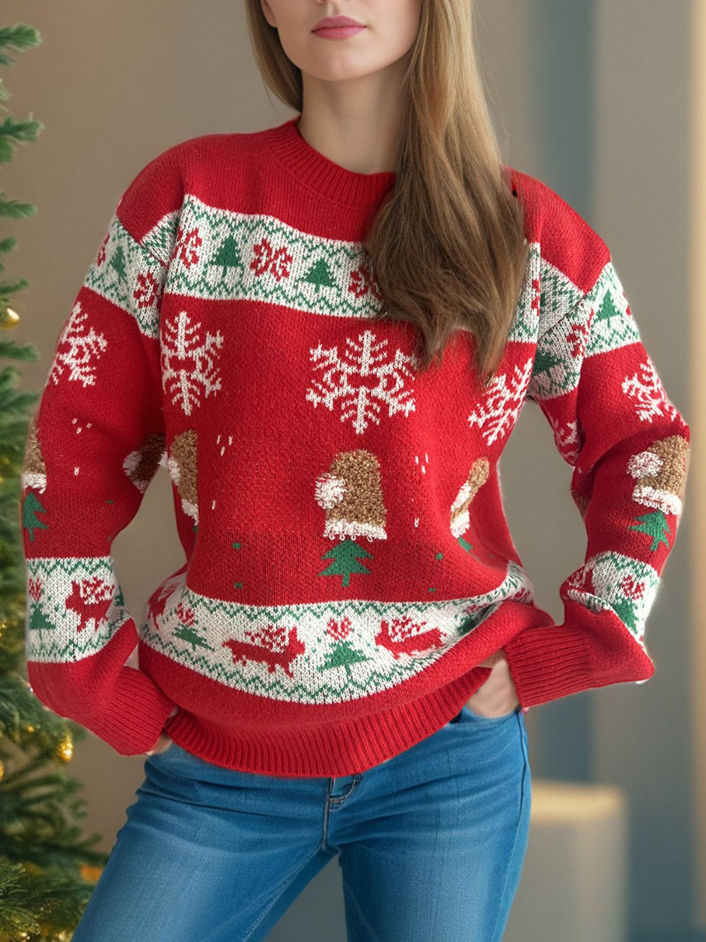 Women's Red Christmas Sweater with Festive Pattern Round Neck - Image 4