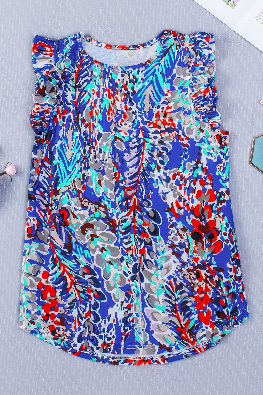 Rosy Boho Abstract Print Ruffle Sleeveless Babydoll Shirt