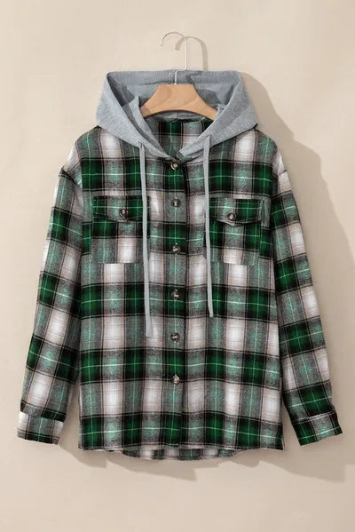 Dark Green Plaid Drawstring Hooded Jacket with Pockets