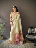 Beige soft Lichi silk Paithani saree with jacquard butti pattern