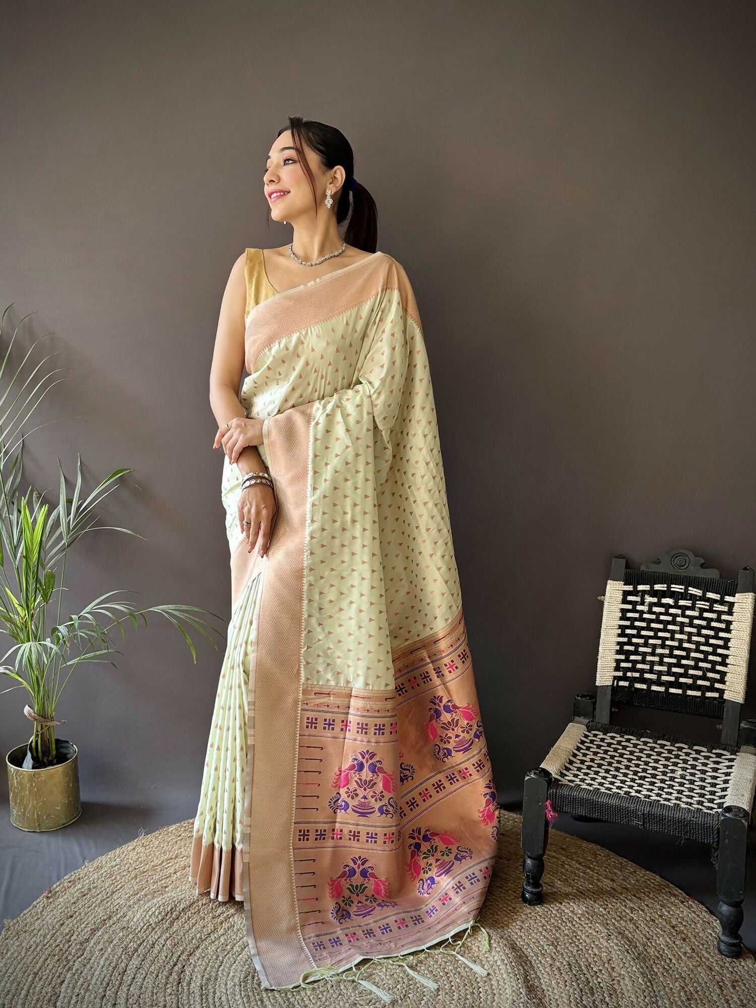 Beige soft Lichi silk Paithani saree with jacquard butti pattern
