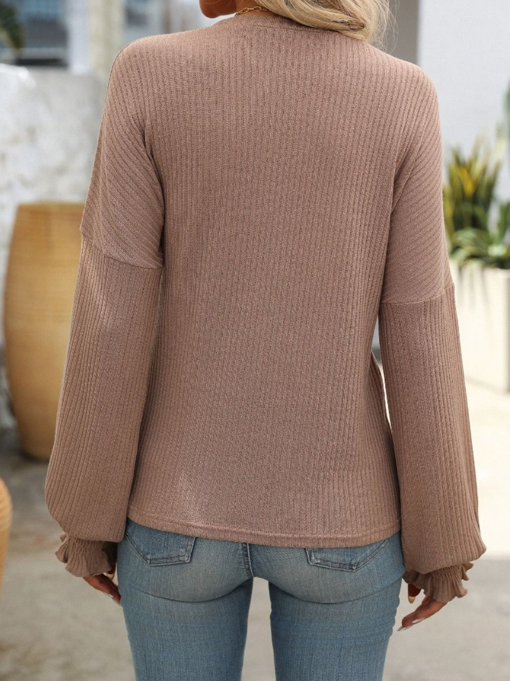 Mandy Ribbed Round Neck Long Sleeve T-Shirt in Mocha - Image 2