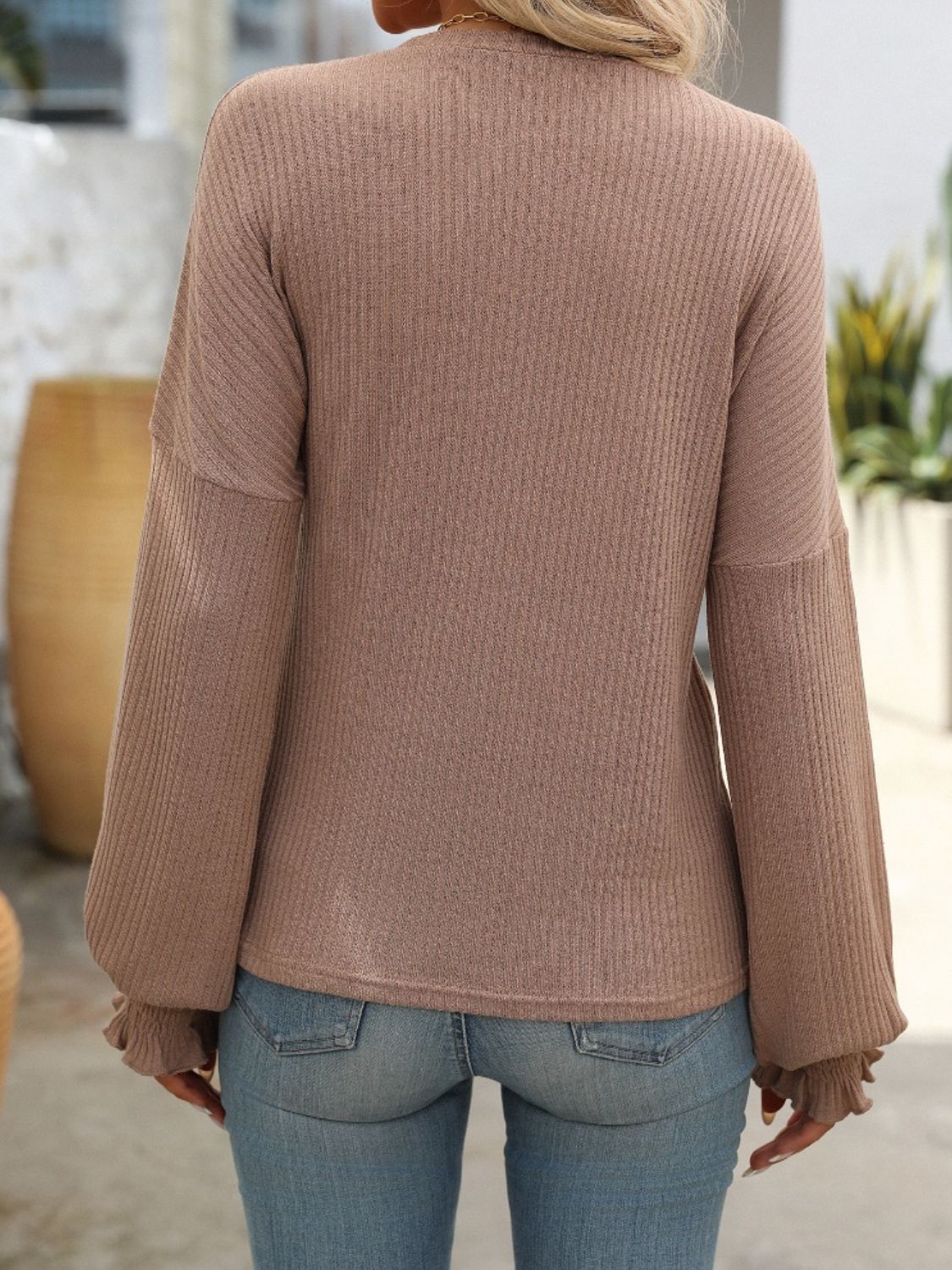 Mandy Ribbed Round Neck Long Sleeve T-Shirt in Mocha - Image 2