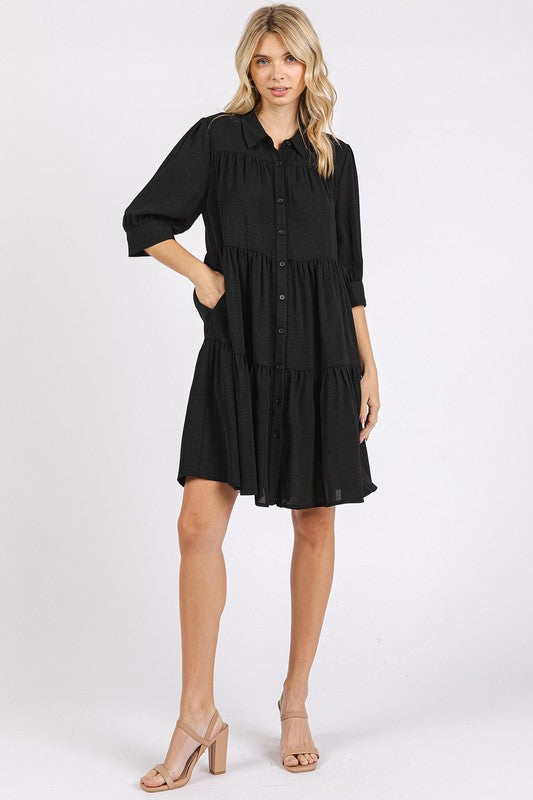 Button Detail Collared Tiered Shirt Dress for Women