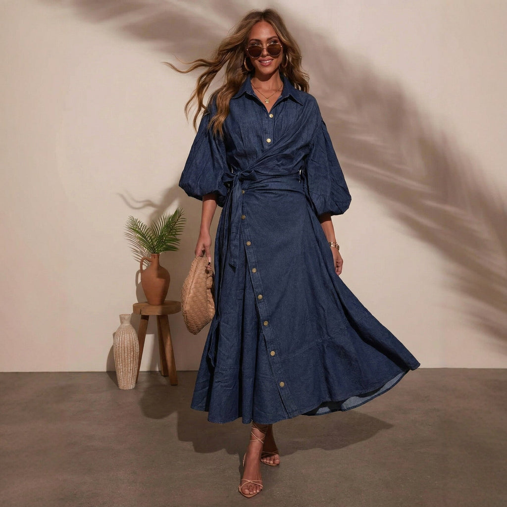 Women's Denim Puff Sleeve Shirt Dress with Belt