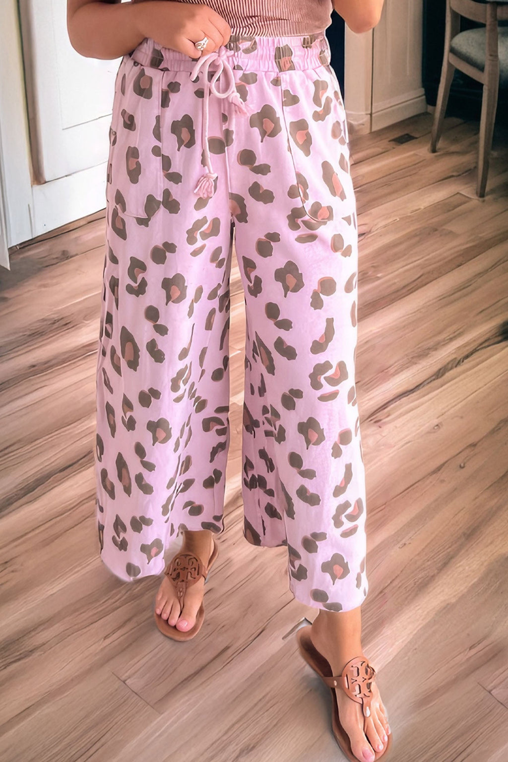 Beige Drawstring Leopard Print Patch Pocket Loose Pants