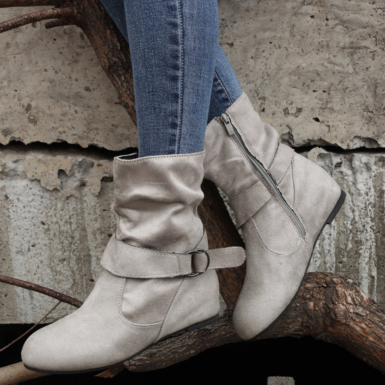 Women's Ankle Boots with Buckle Belt & Side Zip