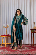 Deep teal velvet kurta set with intricate embroidery for women