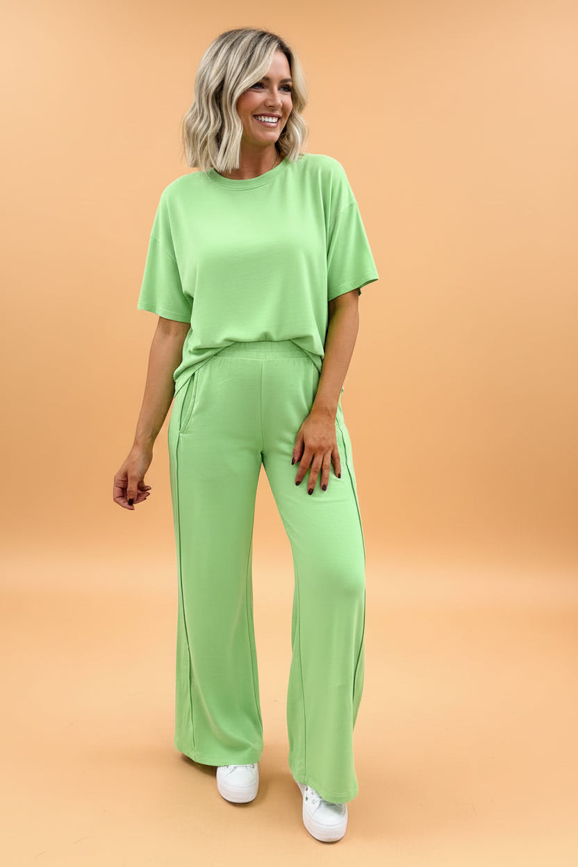 Pink and Green Solid Oversized Tee and Wide Leg Pants Set - Image 2