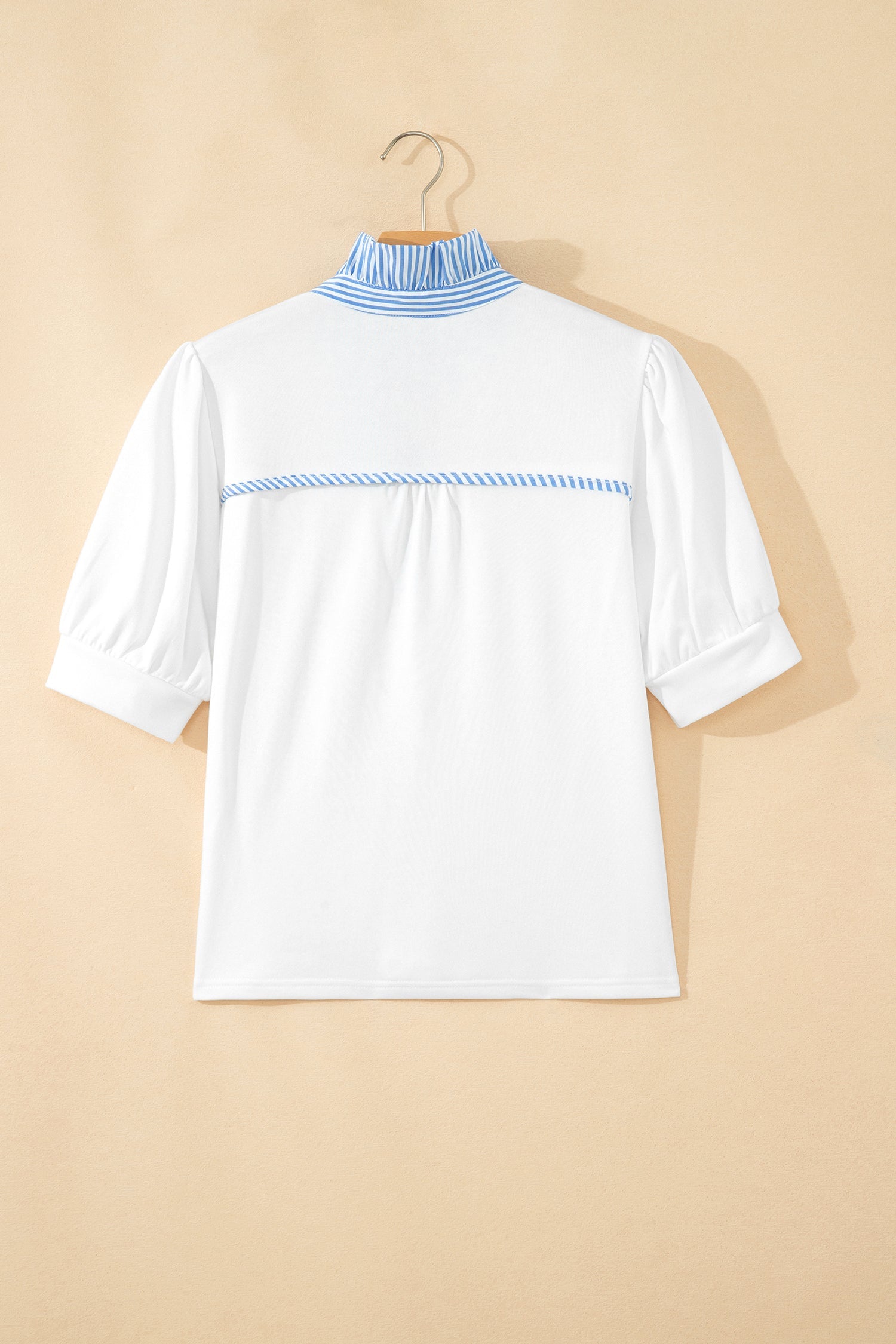 Stripe Frilled Collar Short Sleeve Blouse with Puff Sleeves