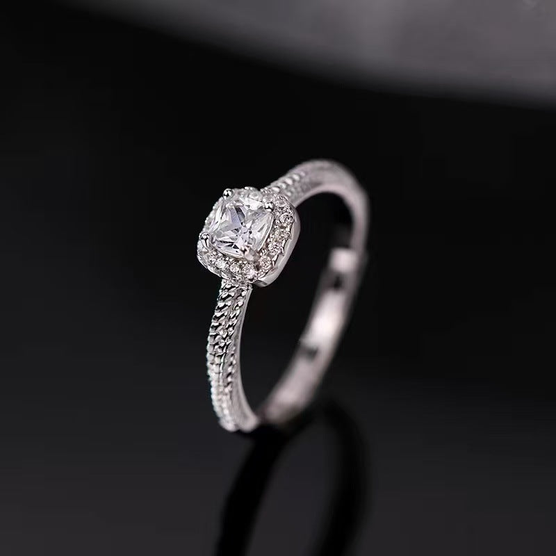 S999 Pure Silver Small Square Sugar Full Zircon Ring For Women, Niche Premium & Delicate, Light Luxury Versatile Jewelry Wholesale