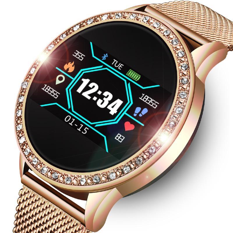 Glamorous rose gold women's smartwatch with fitness tracker and heart rate monitor