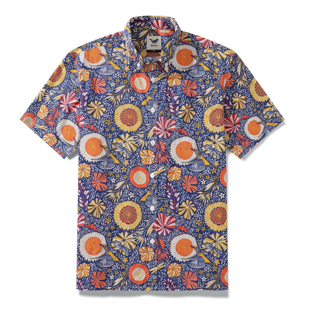 Men's Hawaiian Shirt 1960s Vintage Kingfisher and Flowers Print Cotton Button-down Short Sleeve Aloha Shirt Kingfisher And Flowers By Nina Leth