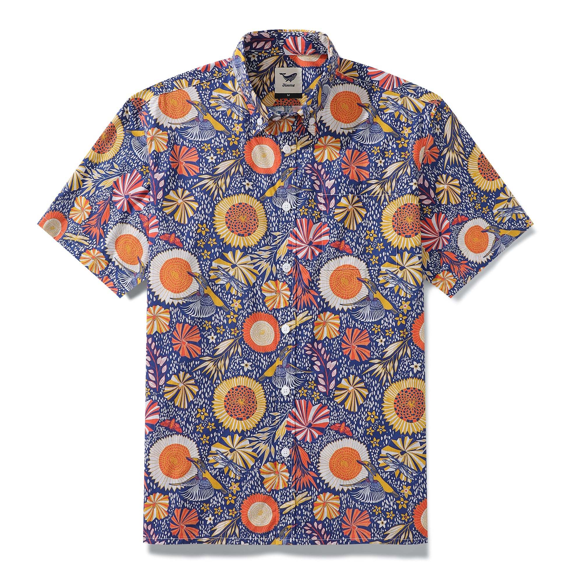Men's Hawaiian Shirt 1960s Vintage Kingfisher and Flowers Print Cotton Button-down Short Sleeve Aloha Shirt Kingfisher And Flowers By Nina Leth