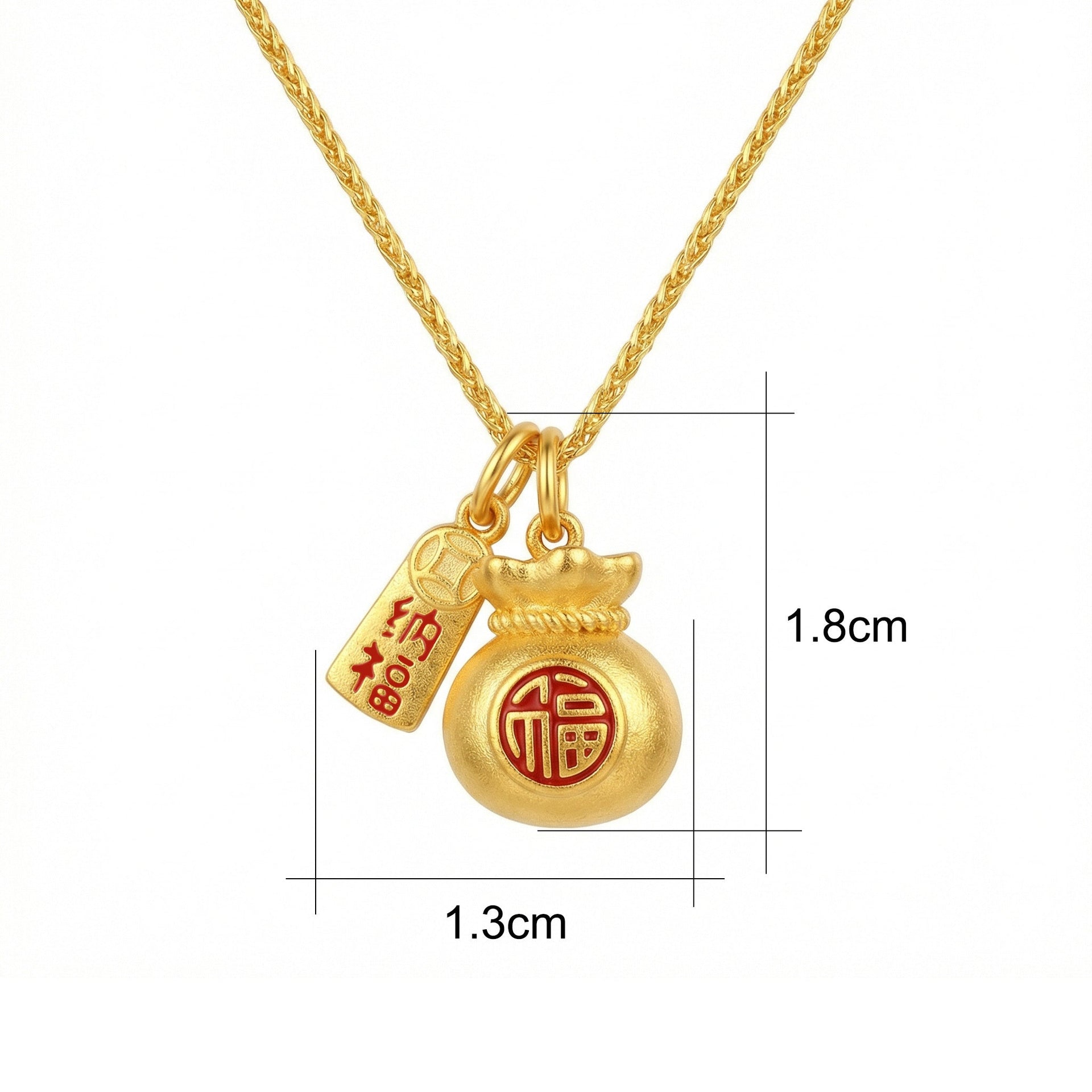 Fortune Money Bag Pendant Necklace with Red Fu Character in Silver