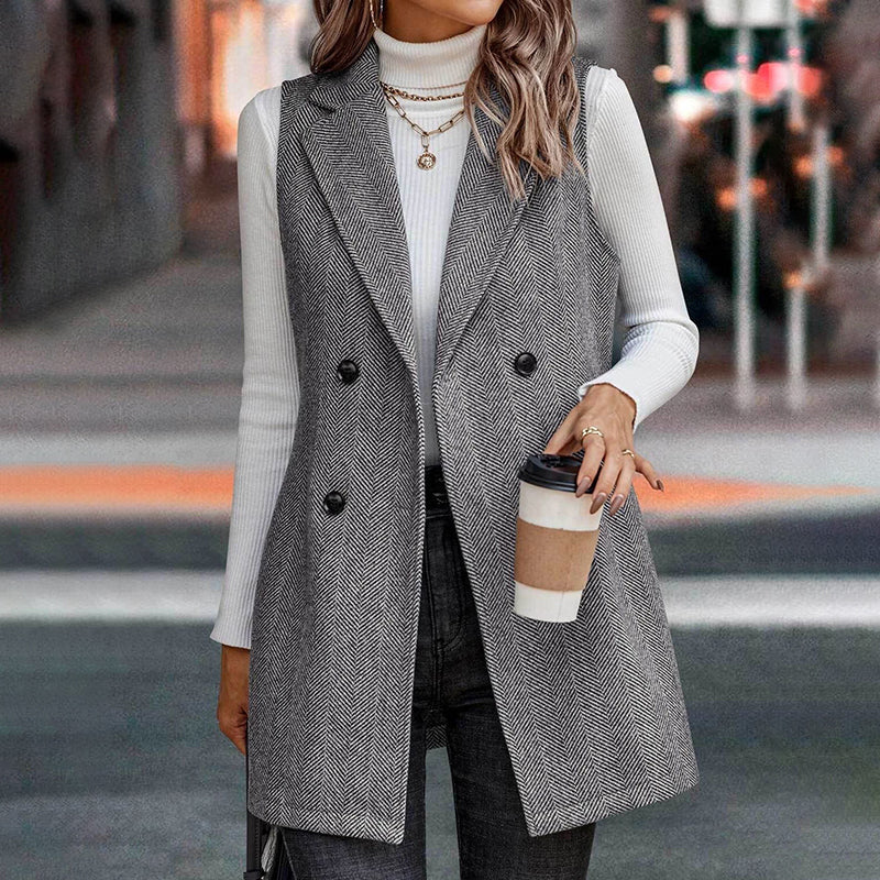 Women’s Herringbone Sleeveless Blazer Vest Tailored Layering Piece - Image 3