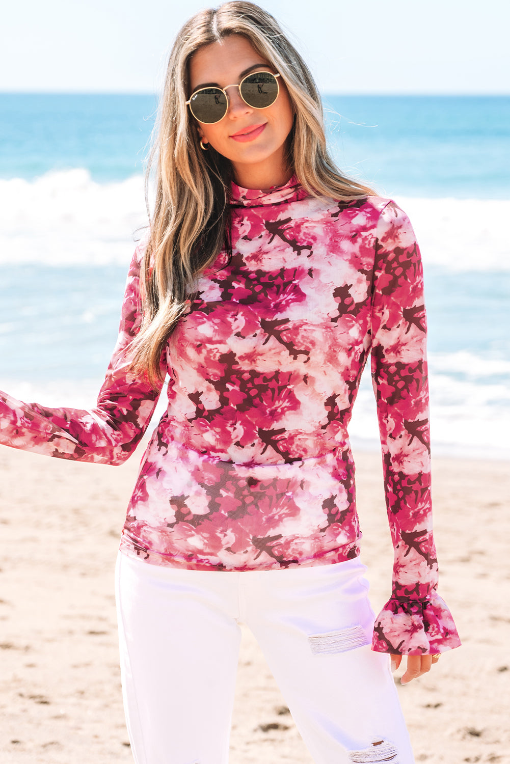 Floral Mesh Flounce Sleeve Mock Neck Blouse
