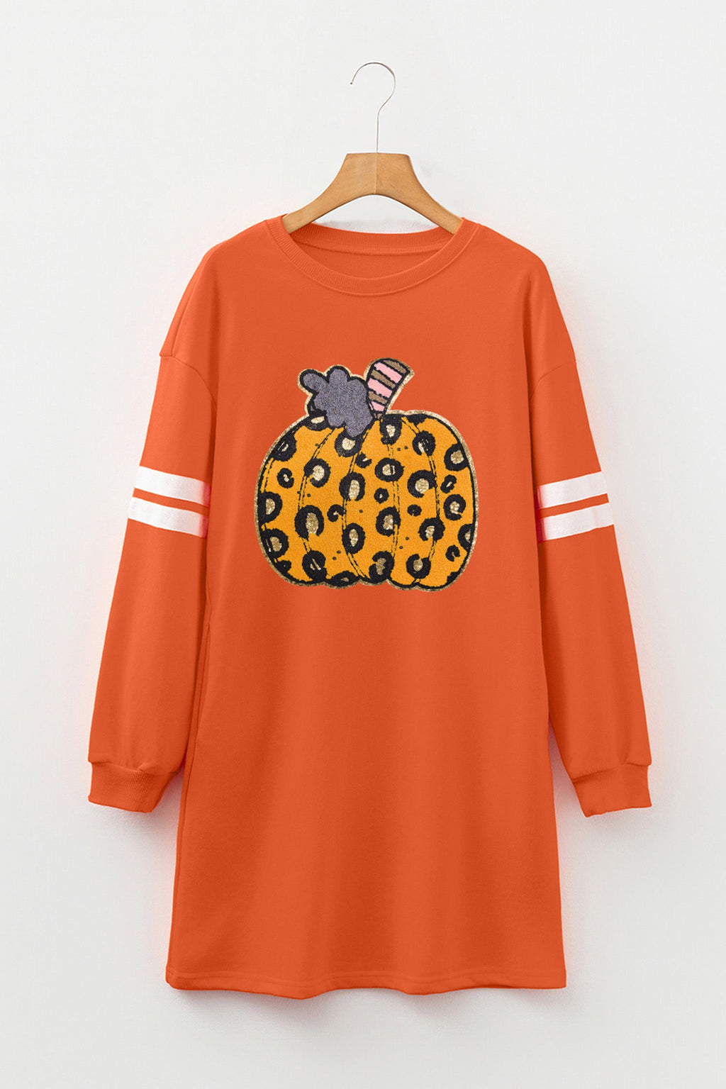 Orange Leopard Print Pumpkin Graphic Varsity Striped Long Sleeve Tunic Dress