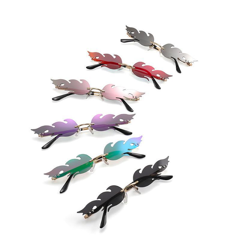 Rimless wave-shaped fire flame sunglasses for women in trending Y2K streetwear style